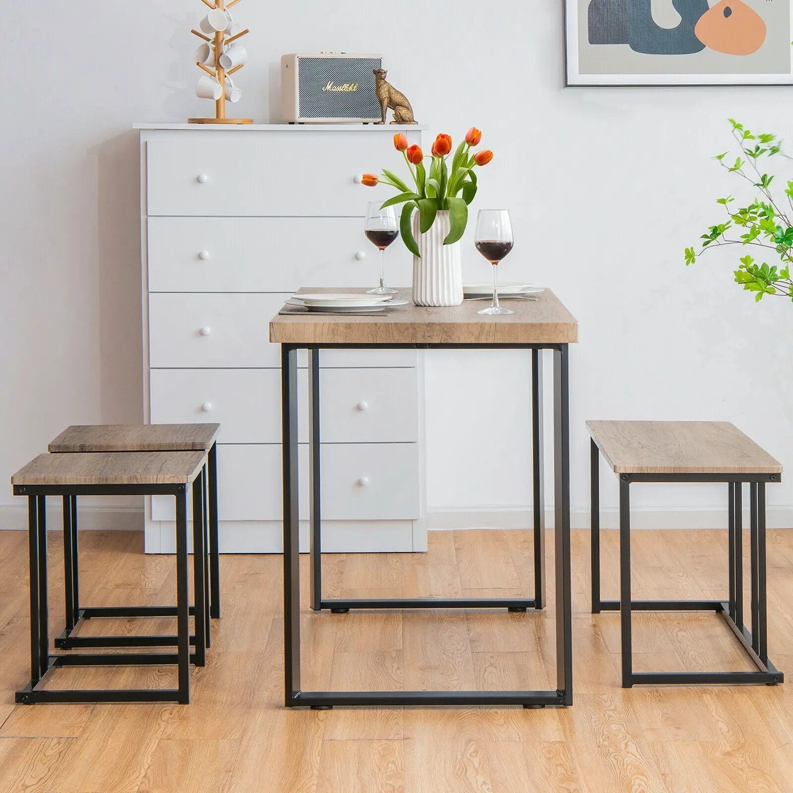 4 Pieces Industrial Dinette Set with Bench and 2 Stools-Oak by DirectDeals
