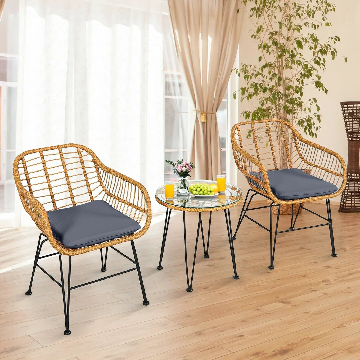 3 Pieces Rattan Furniture Set with Cushioned Chair Table by DirectDeals