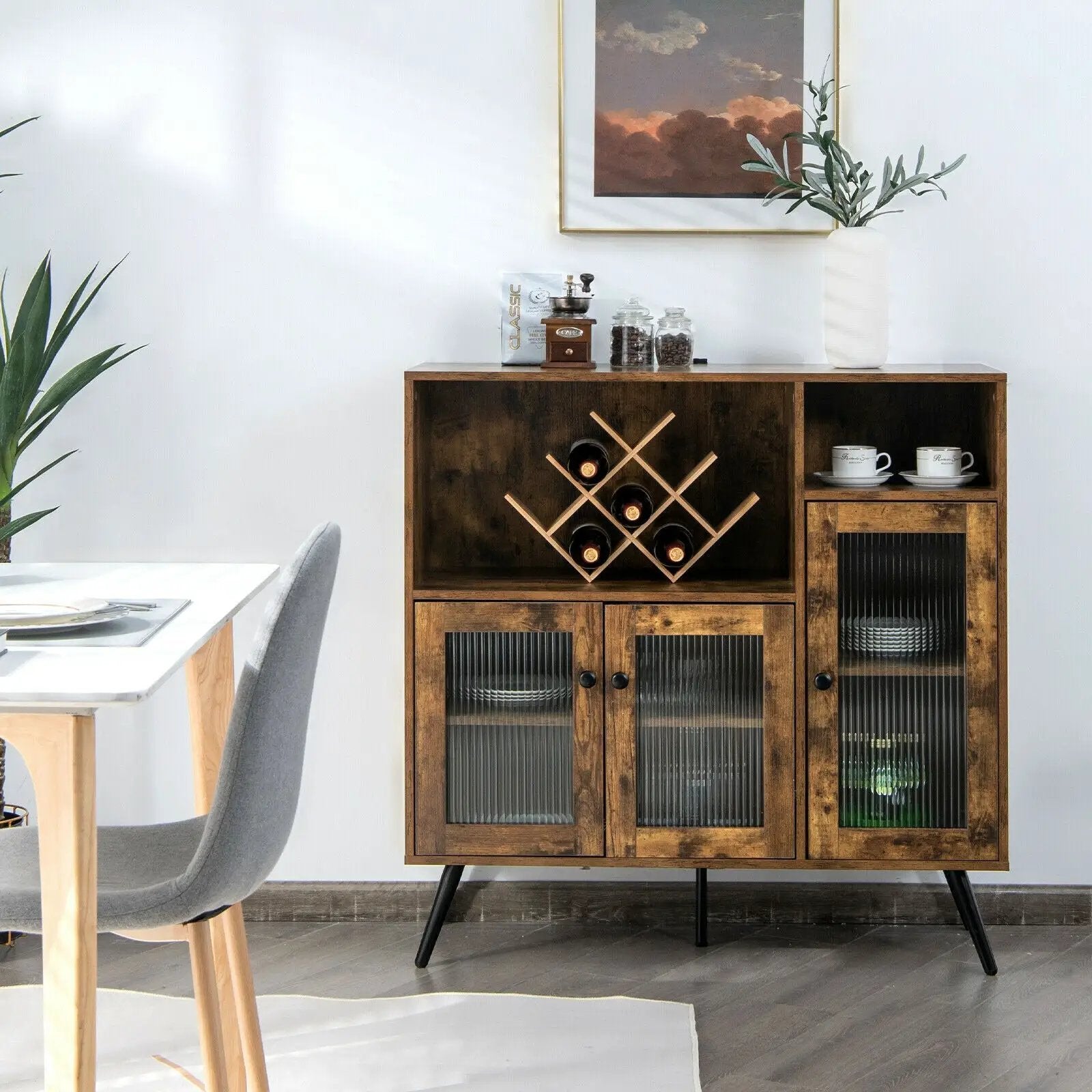 Buffet Kitchen Storage Cupboard with Glass Door and Adjustable Shelves-Rustic Brown by DirectDeals