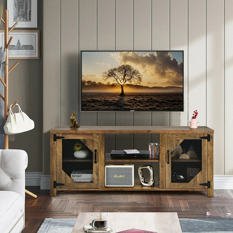 TV Stand for TVs up to 65-Inch with 2 Metal Mesh Doors and Ad-Rustic Brown by DirectDeals