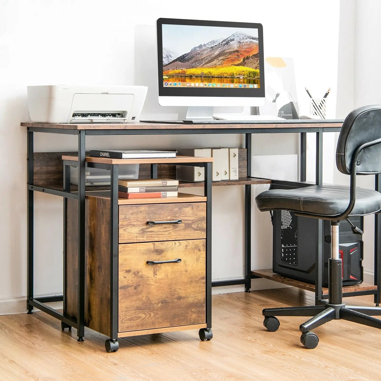2 Drawer Mobile File Cabinet Printer Stand with Open Shelf for Letter Size-Rustic Brown by DirectDeals