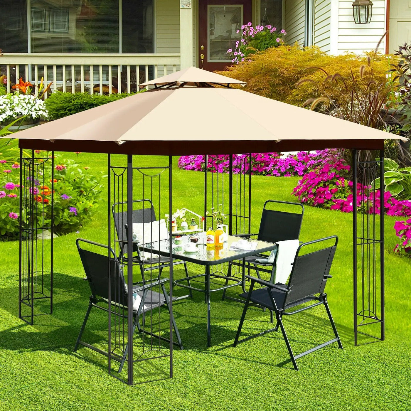 10 x 10 Feet L-Shaped Patio Canopy Gazebo Outdoor 2-Tier Steel Tent by DirectDeals