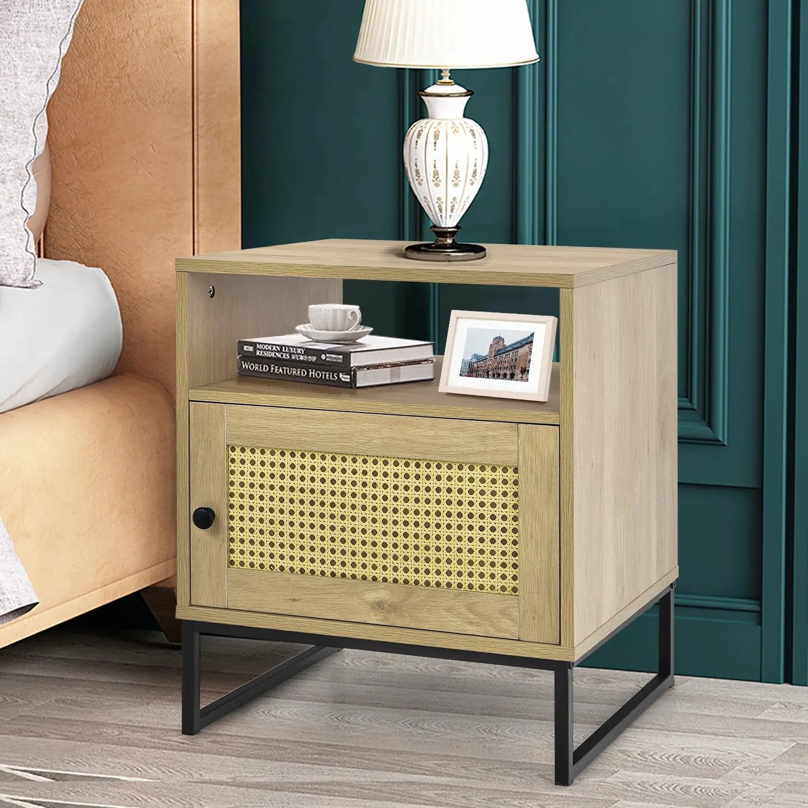 Wooden Side End Table with Cabinet and Rattan Decorated Door-Natural by DirectDeals