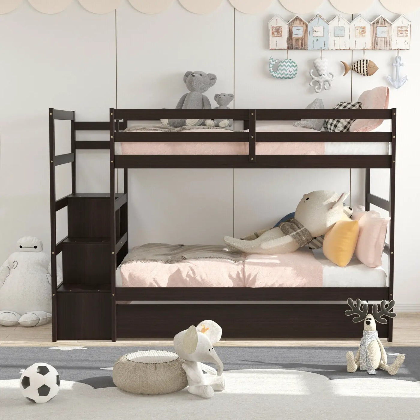 Twin Over Twin Bunk Bed with Storage Shelf and Drawer by DirectDeals