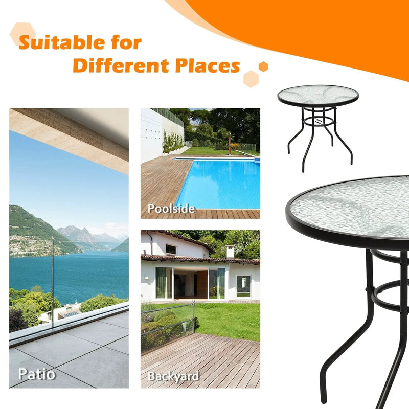 32 Inch Patio Tempered Glass Steel Frame Round Table with Convenient Umbrella Hole by DirectDeals