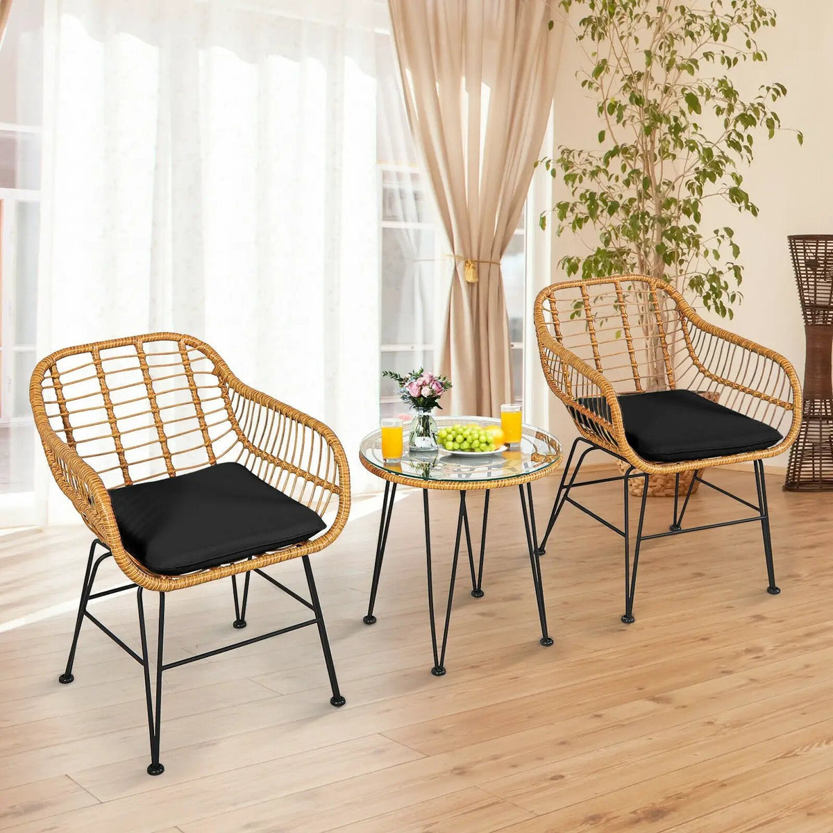 3 Pieces Rattan Furniture Set with Cushioned Chair Table by DirectDeals