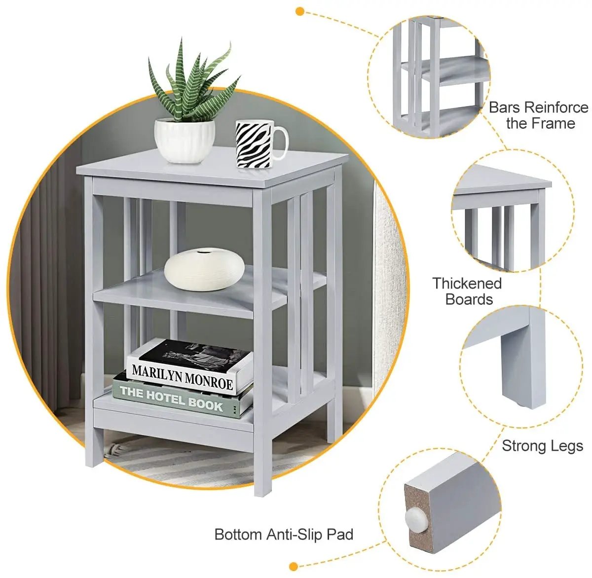 2 Pieces 3-Tier Nightstand with Reinforced Bars and Stable Structure by DirectDeals