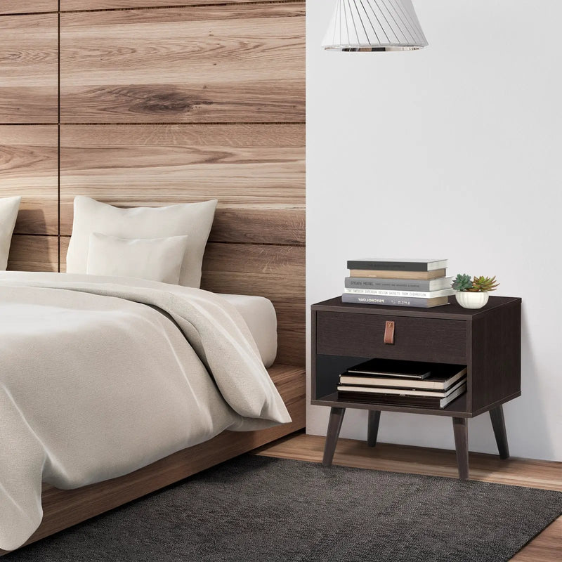 Nightstand Bedroom Table with Drawer Storage Shelf-Brown by DirectDeals