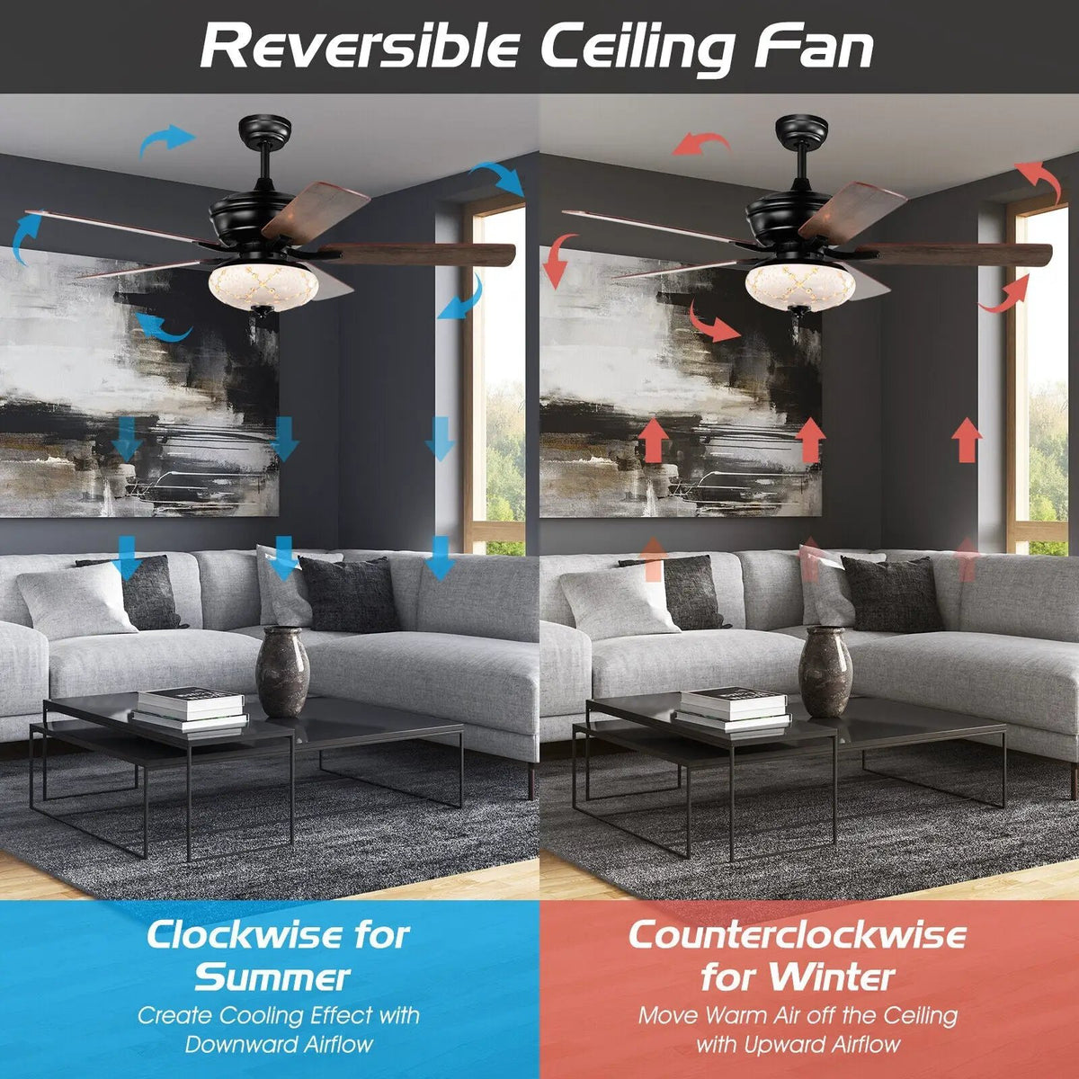 52 Inch Ceiling Fan with 3 Wind Speeds and 5 Reversible Blades by DirectDeals