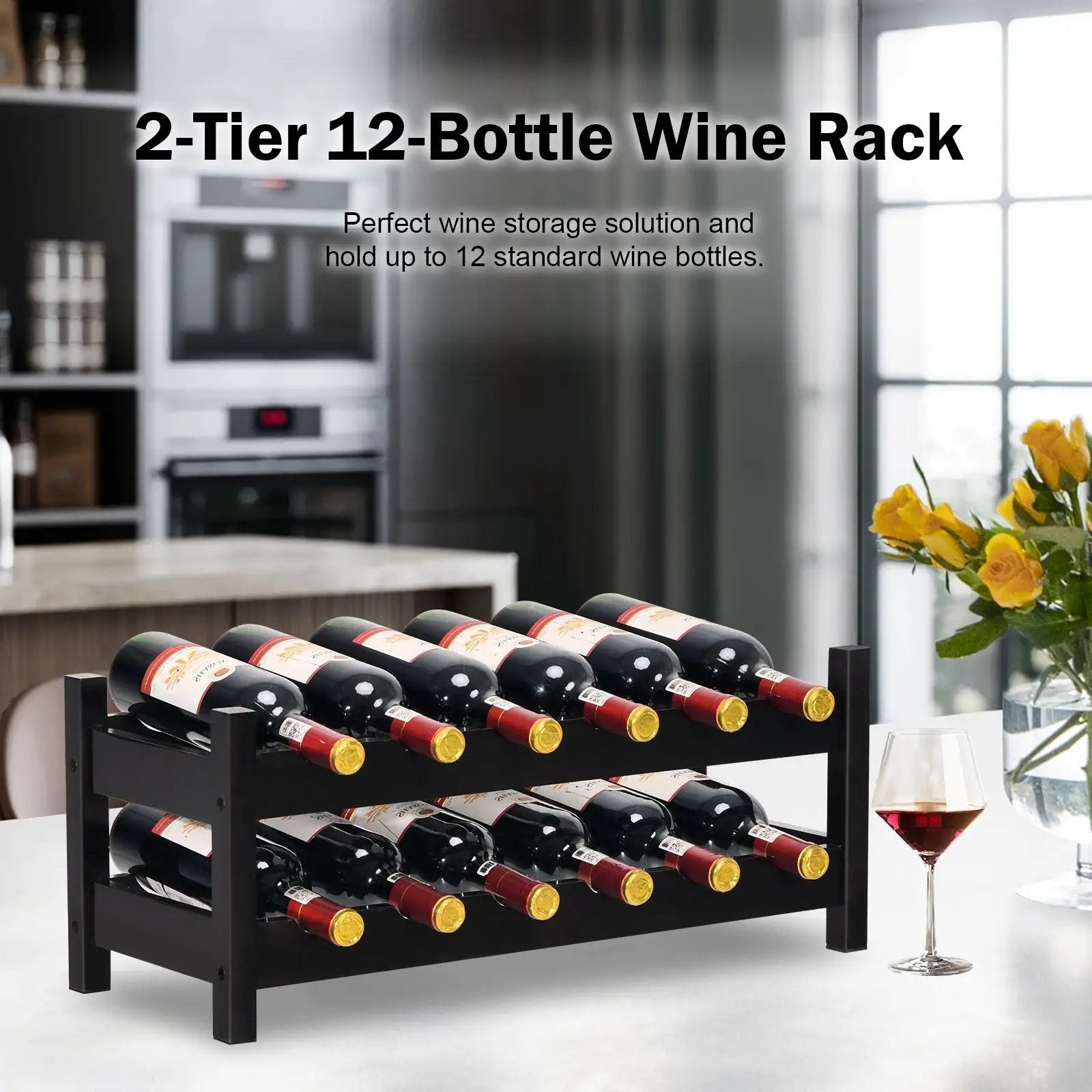 2-Tier 12 Bottles Bamboo Storage Shelf Wine Rack by DirectDeals
