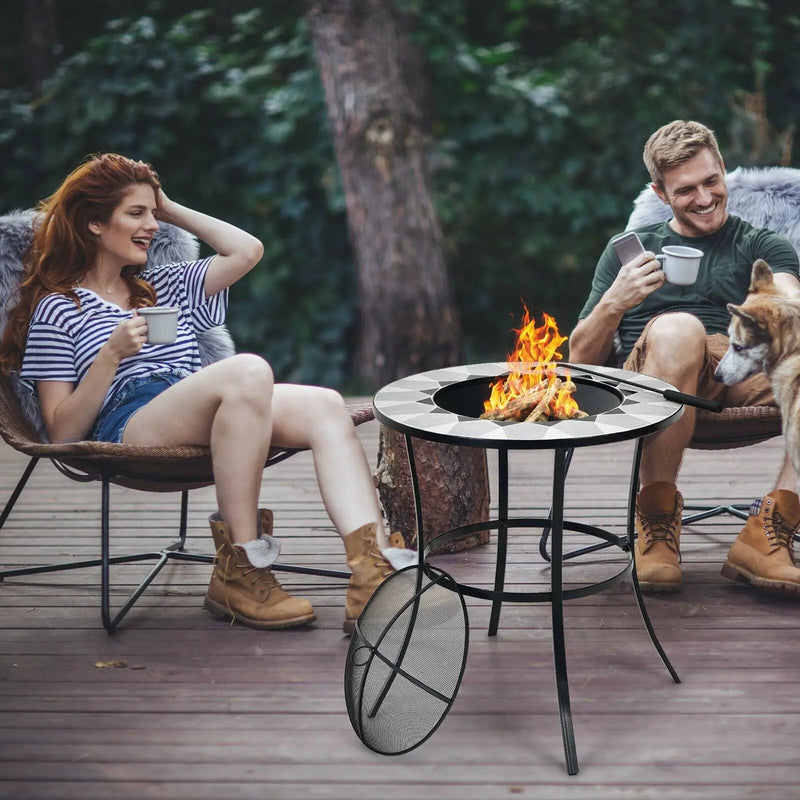 23.5 Inches Round Fire Pit Table with Mesh Cover and Fire Poker by DirectDeals