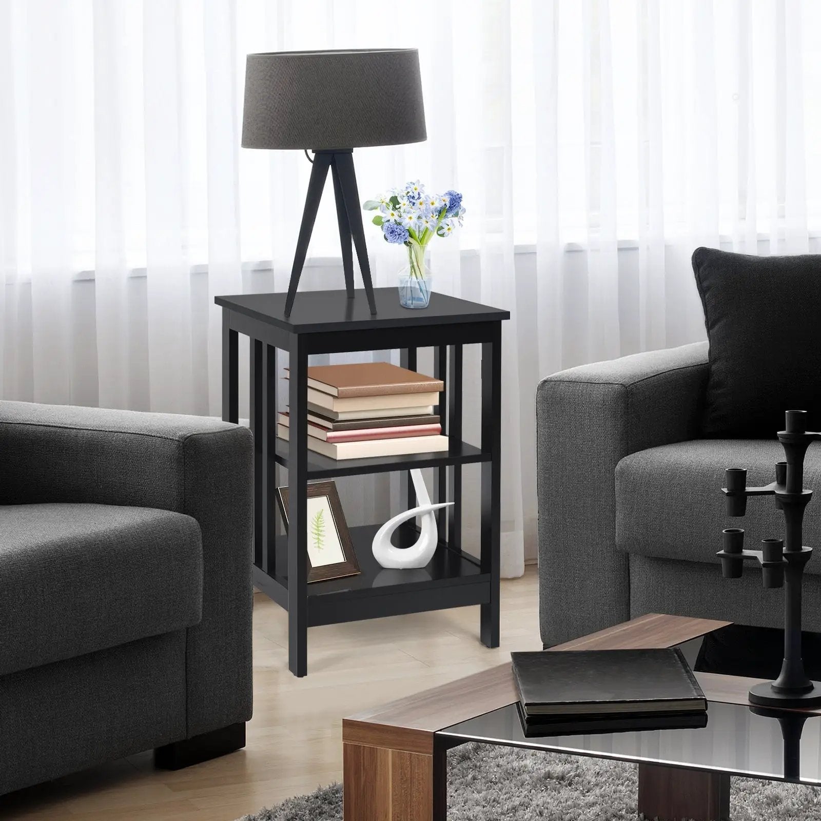 3-Tier Nightstand Sofa Side Table with Baffles and Round Corners by DirectDeals