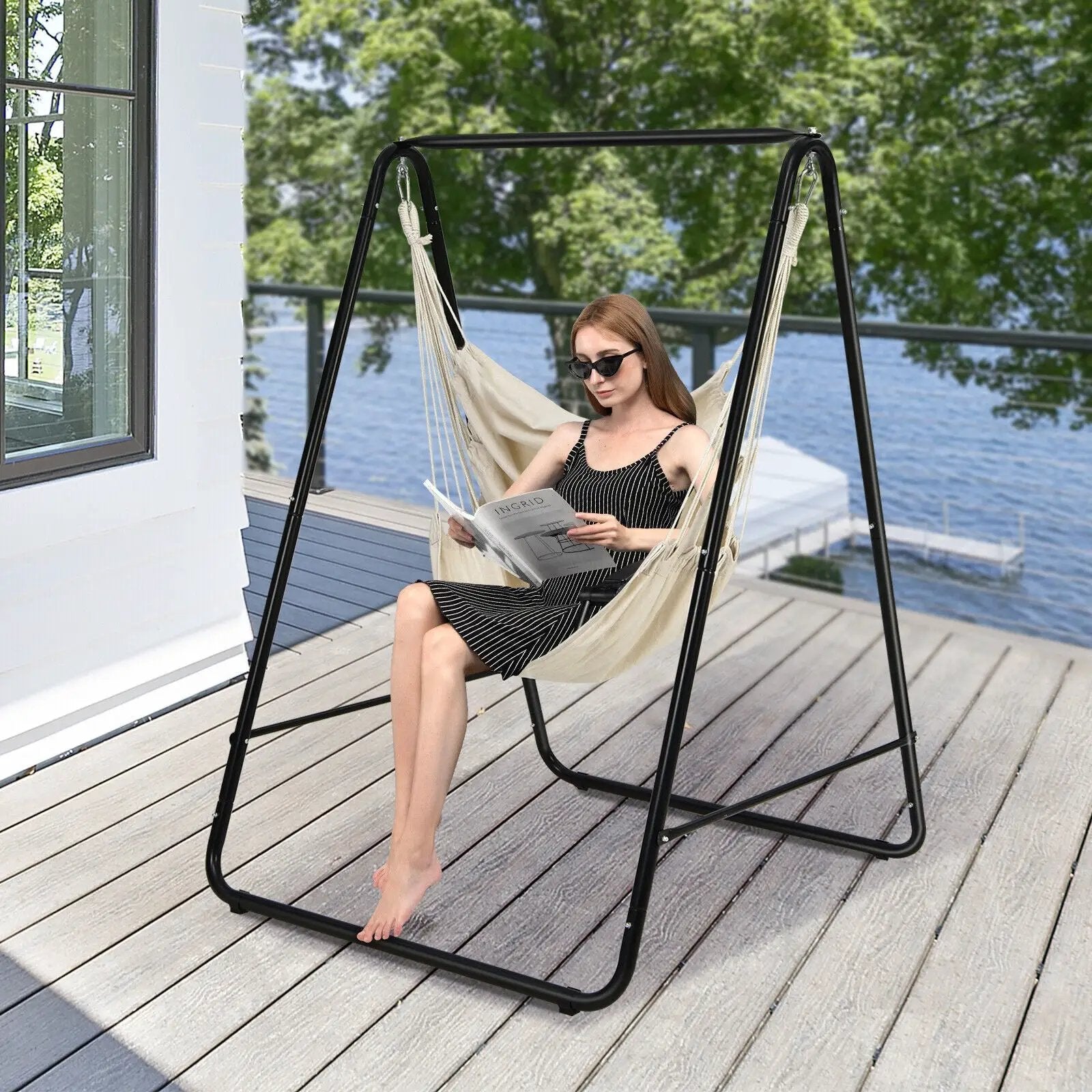 Hanging Padded Hammock Chair with Stand and Heavy Duty Steel by DirectDeals