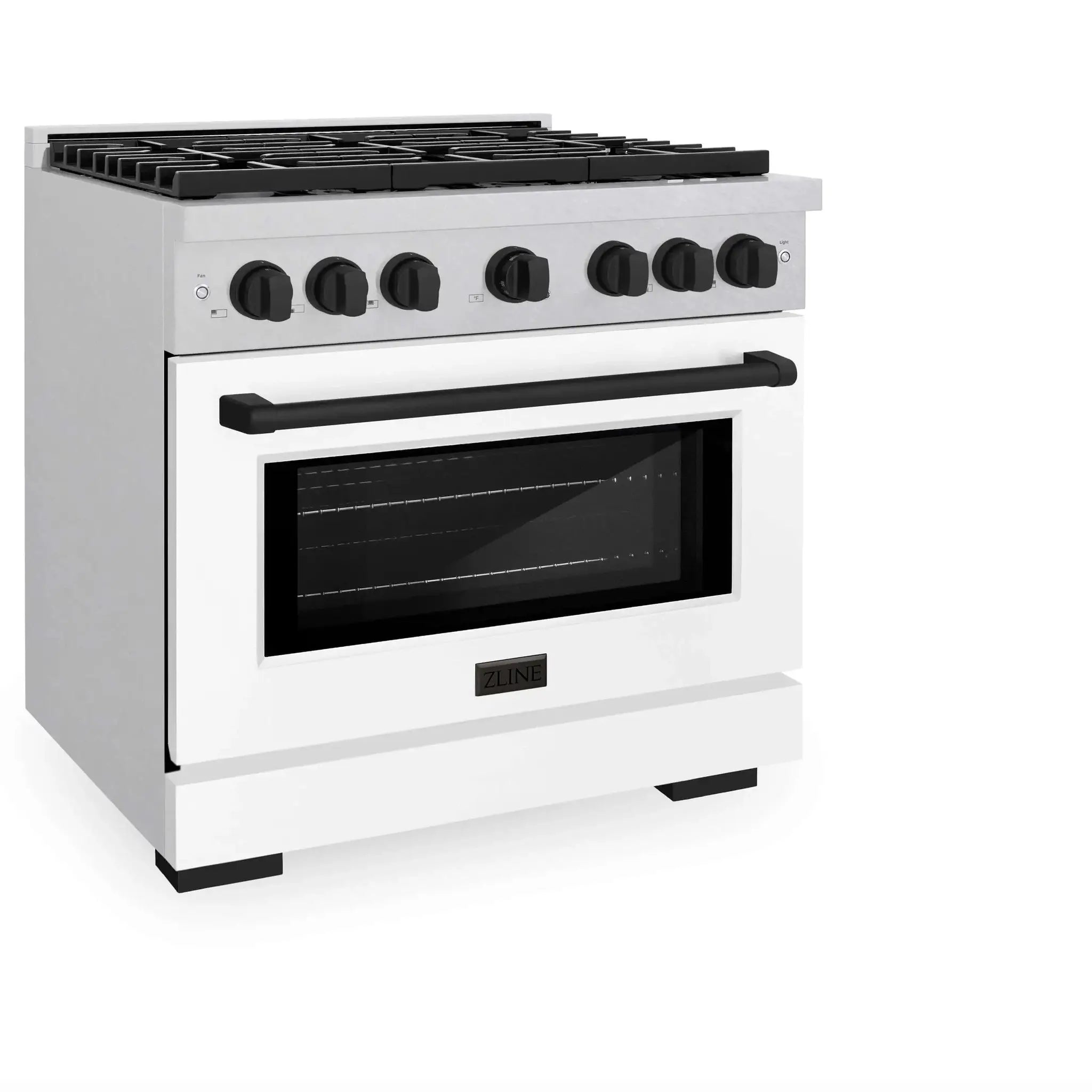 ZLINE 36"Paramount Dual Fuel Range DuraSnow® White Matte, Matte Black SDRSZ-WM-36-MB by Farmhouse Kitchen and Bath