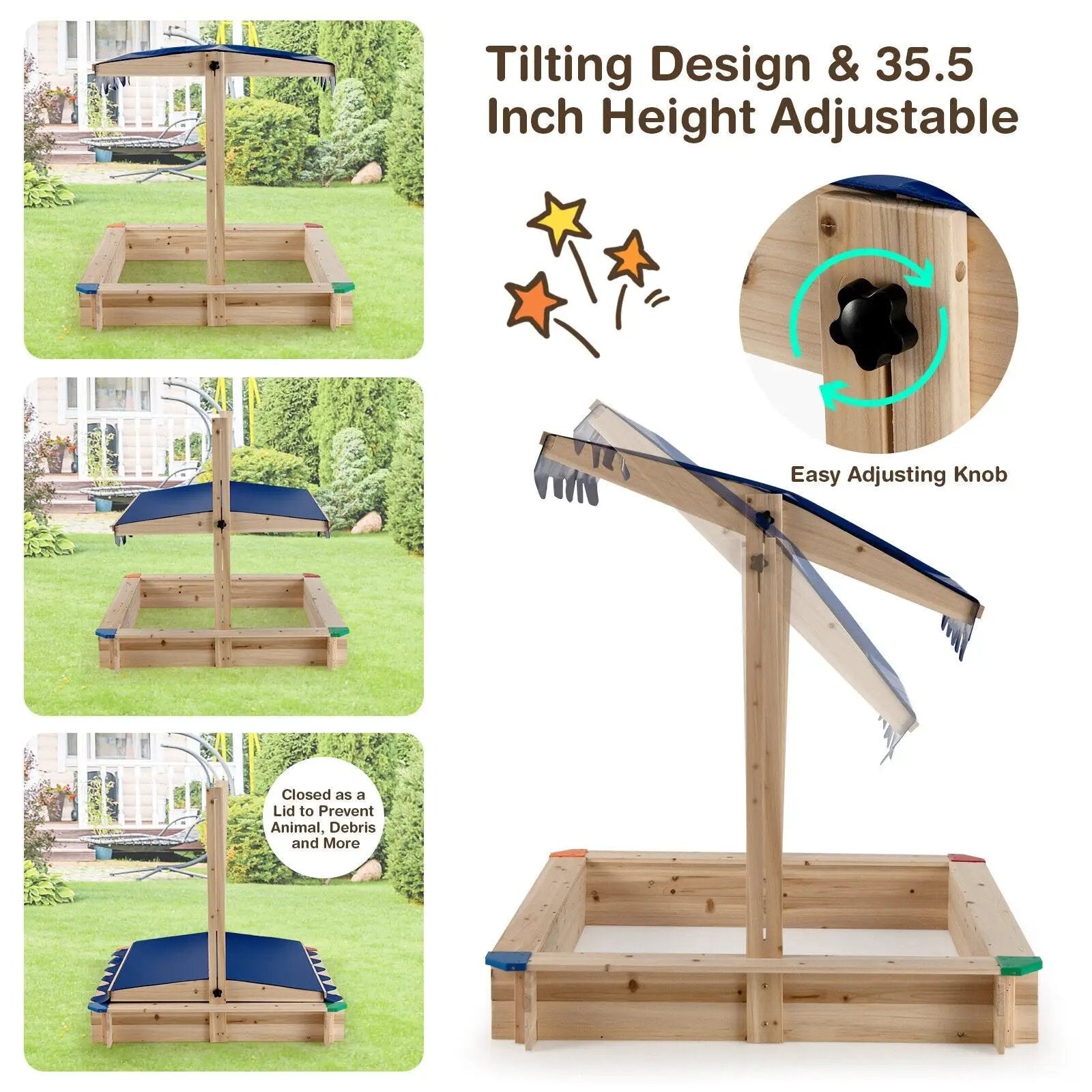 Kids Wooden Sandbox with Height Adjustable and Rotatable Canopy Outdoor Playset by DirectDeals