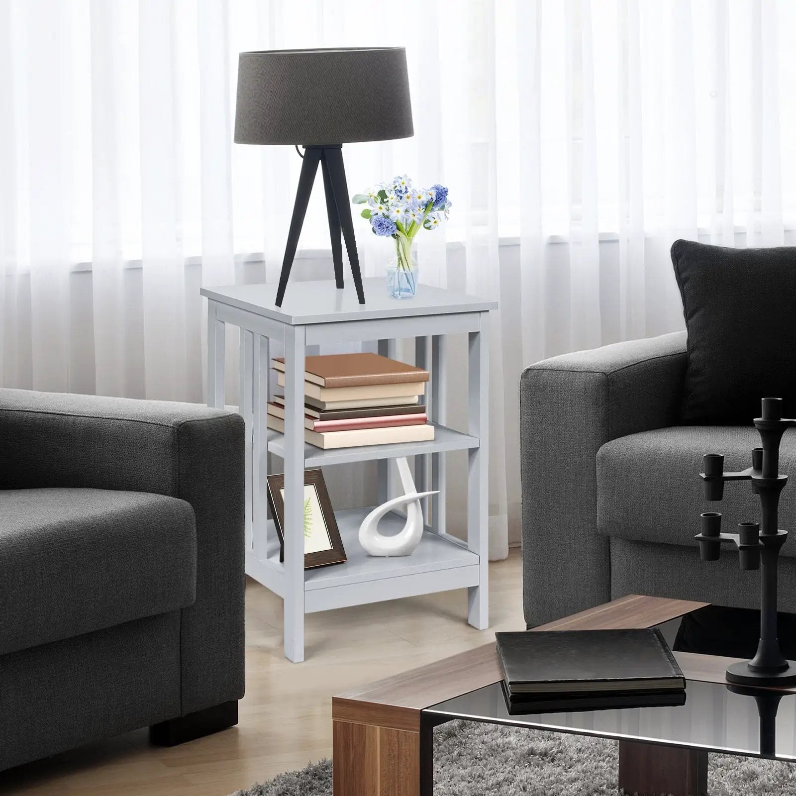 3-Tier Nightstand Sofa Side Table with Baffles and Round Corners by DirectDeals