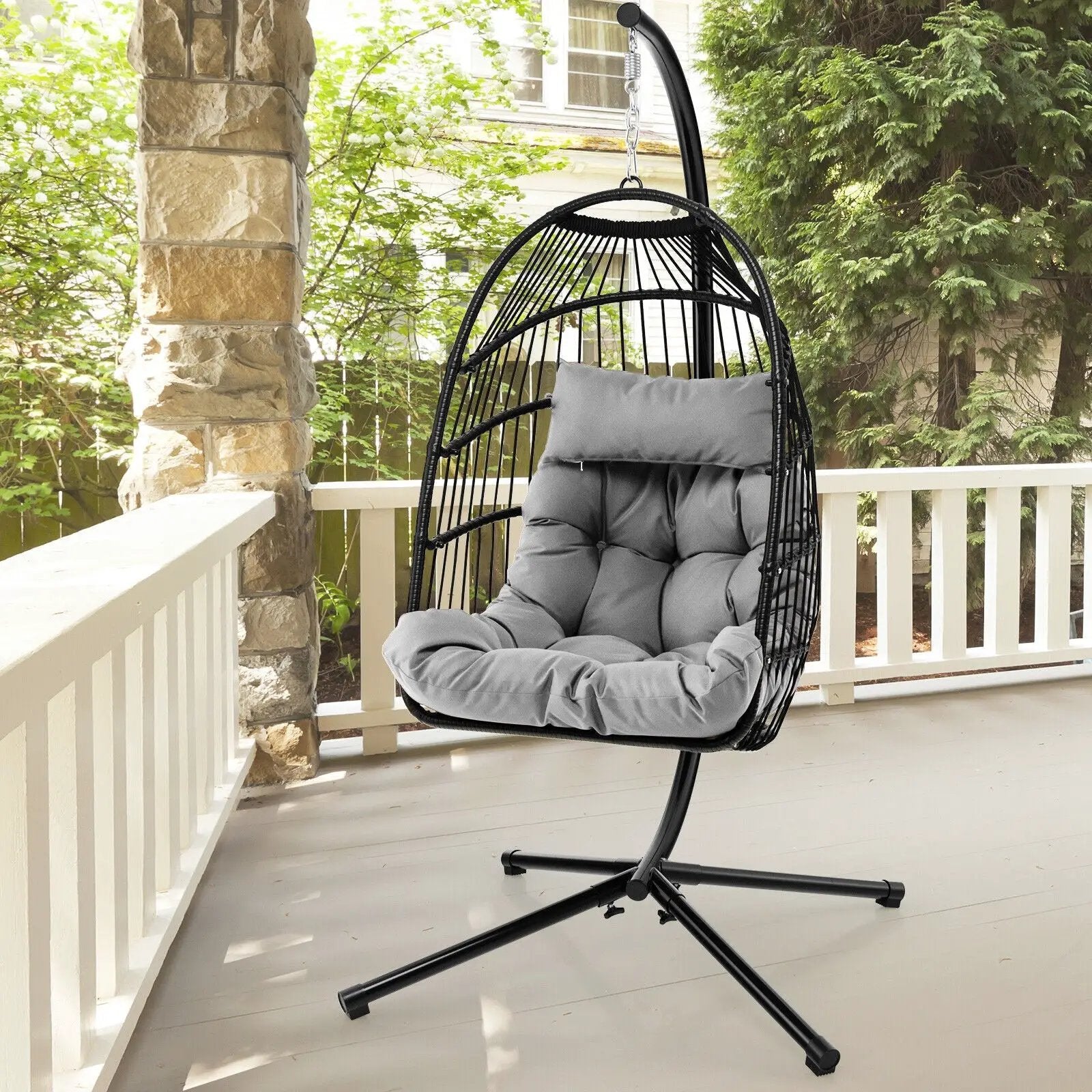 Patio Hanging Egg Chair with Stand Waterproof Cover and Folding Basket-Gray by DirectDeals