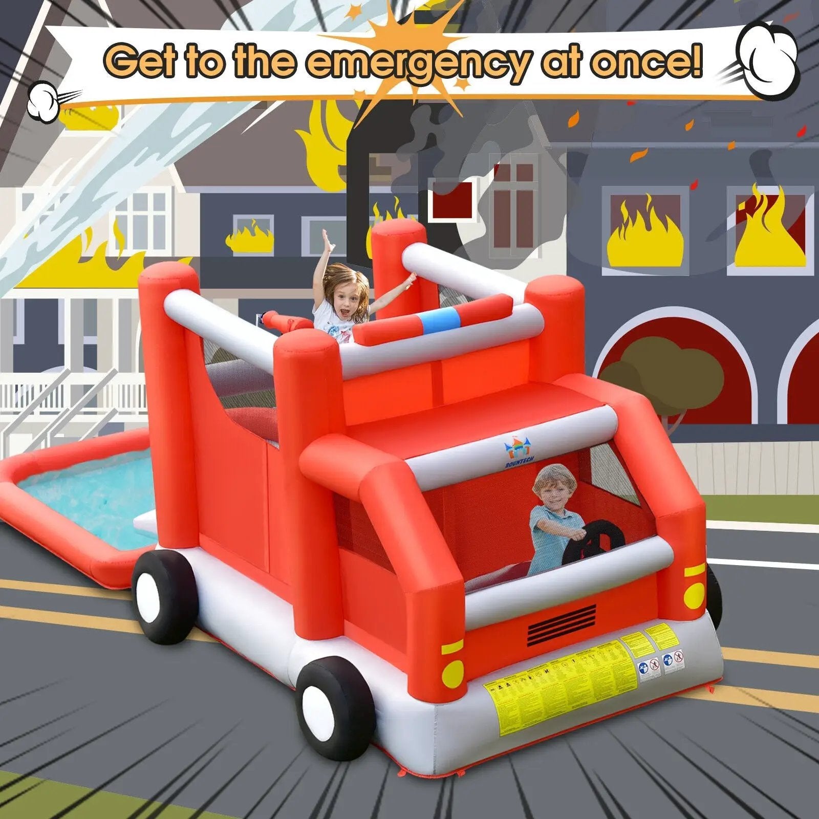 Fire Truck Themed Inflatable Castle Water Park Kids Bounce House without Blower by DirectDeals