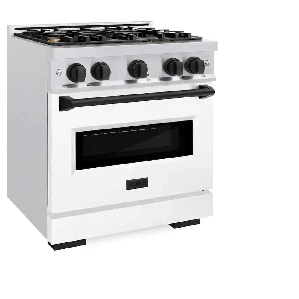 ZLINE 30"Classic Gas Range, Convection Gas Oven, DuraSnow® Stainless Steel, White Matte Door Matte Black CGRSZ-WM-30-MB by Farmhouse Kitchen and Bath