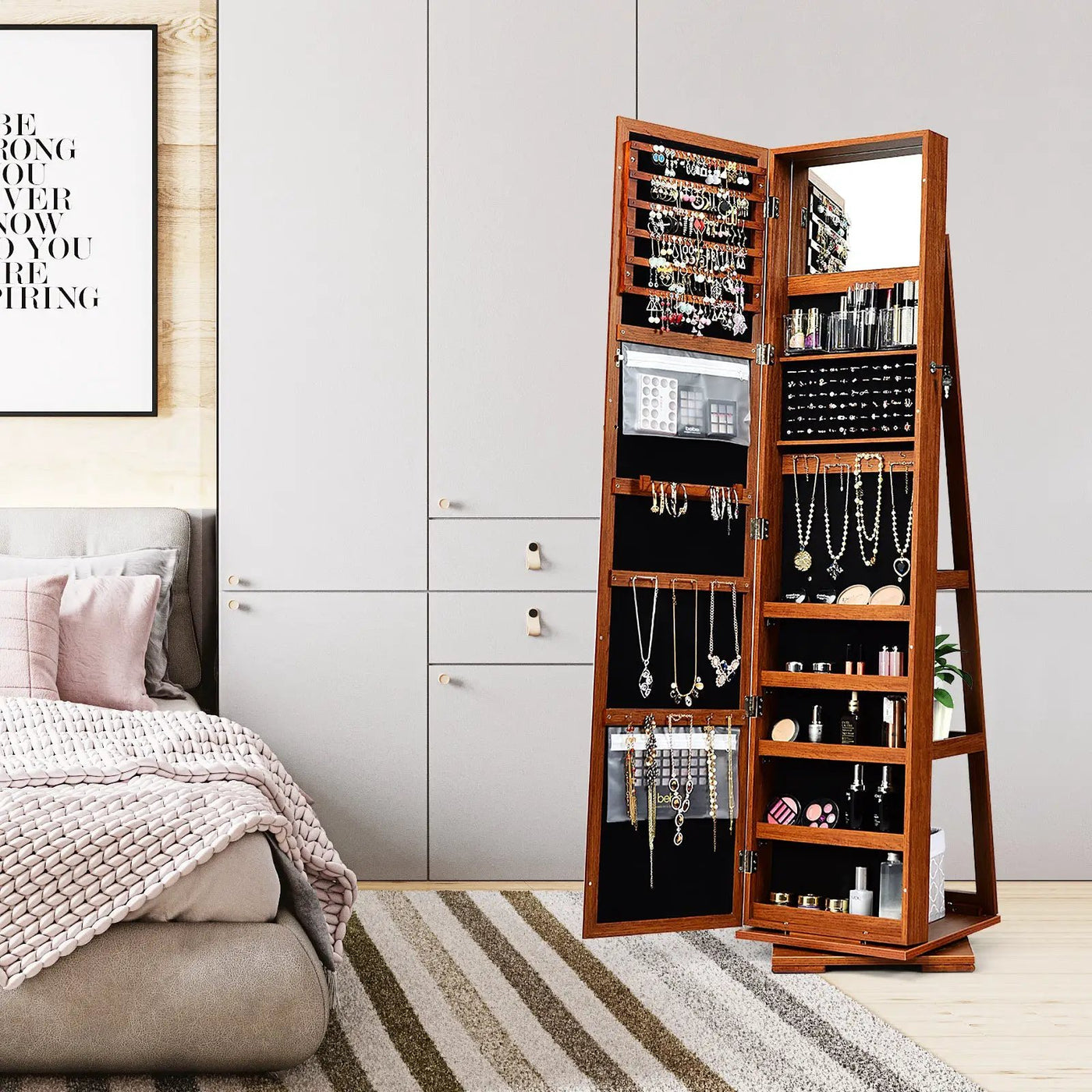 360° Rotatable 2-in-1 Lockable Jewelry Cabinet with Full-Length Mirror by DirectDeals