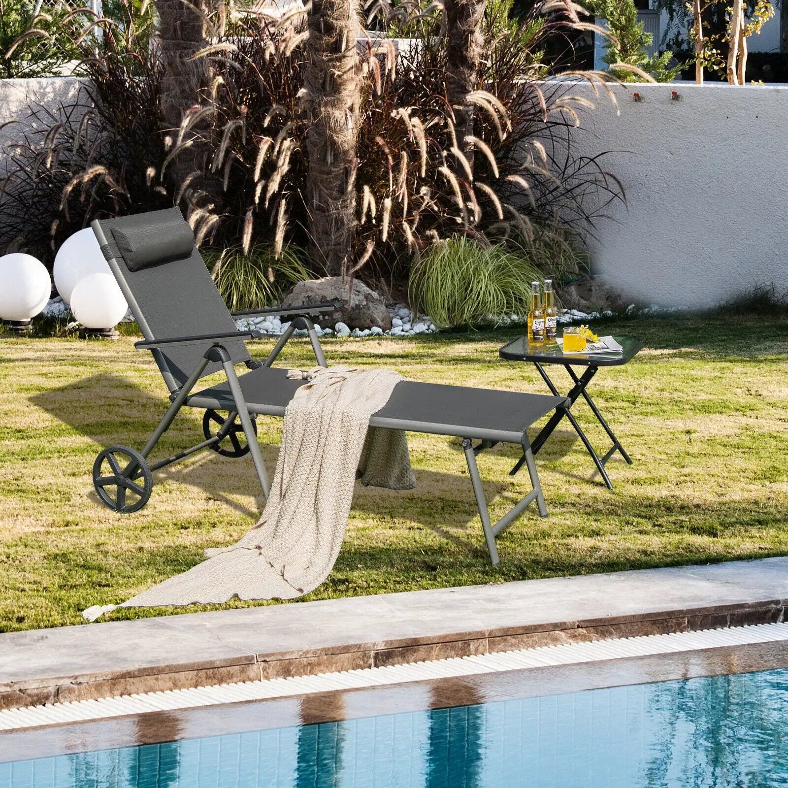 Adjustable Patio Folding Chaise Lounge Chair with Wheels by DirectDeals