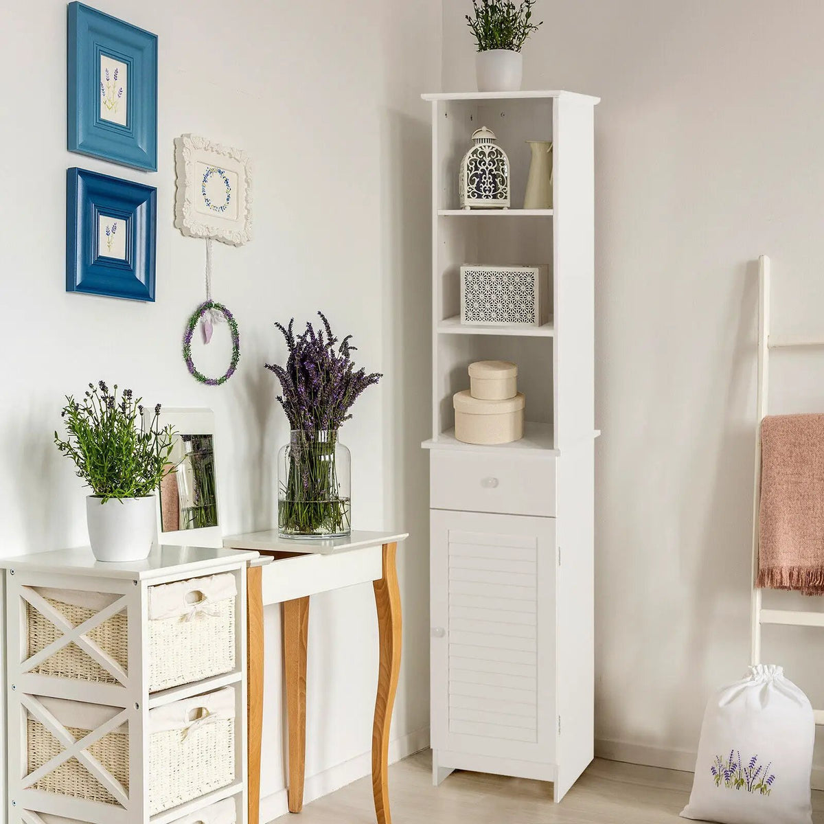 Bathroom Tall Freestanding Storage Cabinet with Open Shelves and Drawer-White by DirectDeals
