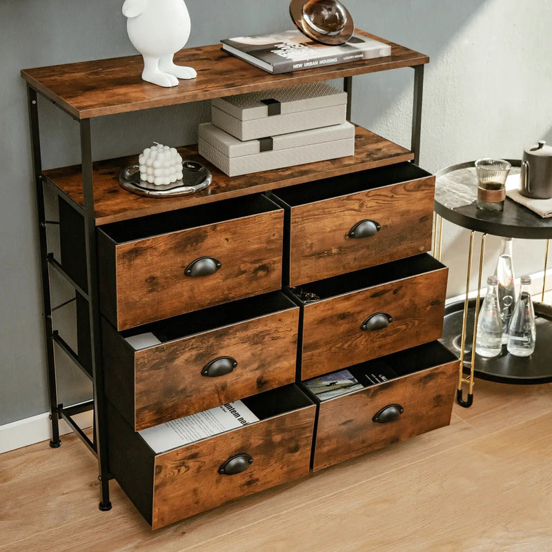 2-Tier Storage Chest with Wooden Top and 6 Fabric Drawers-Rustic Brown by DirectDeals