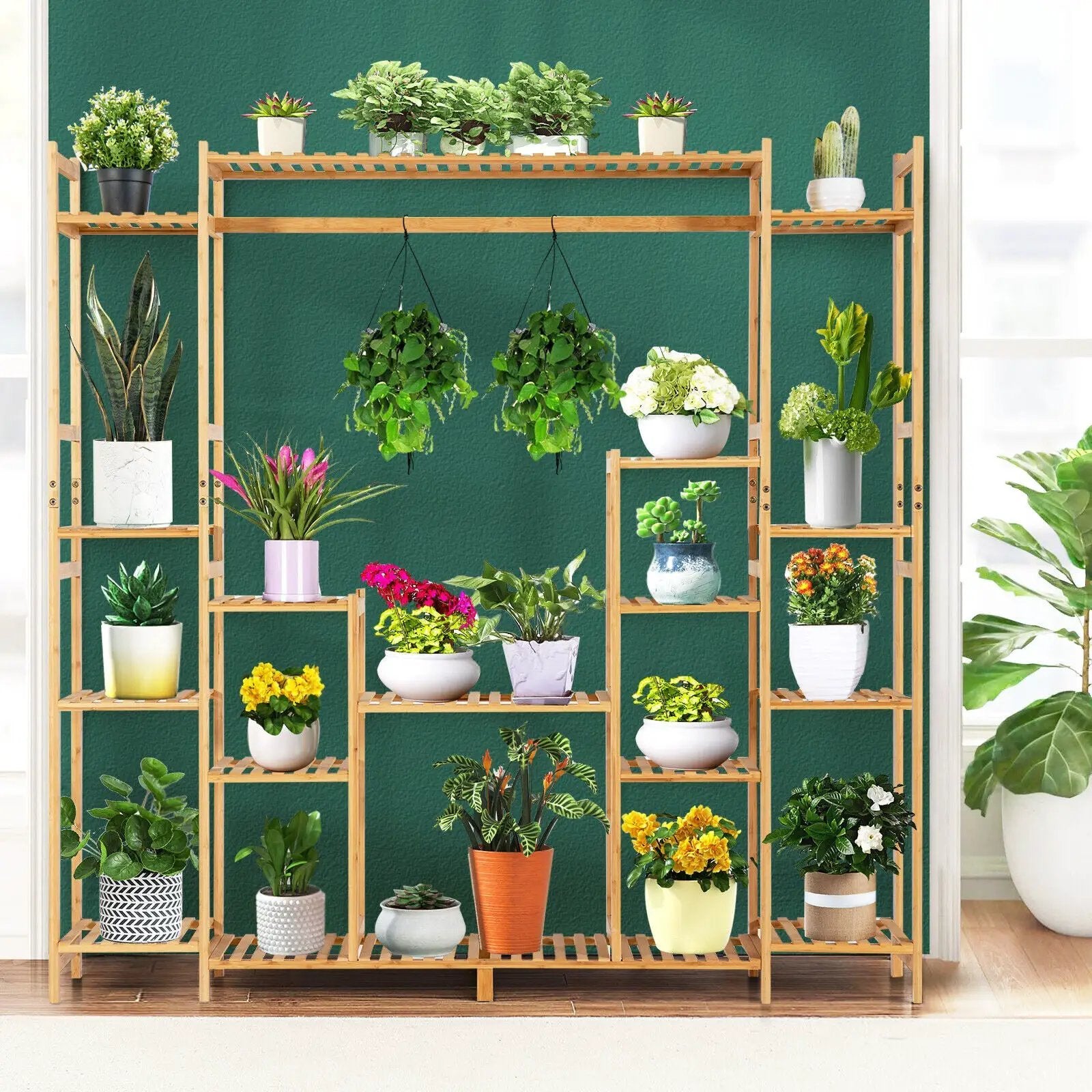 9-Tier Bamboo Plant Stand with Hanging Rack by DirectDeals
