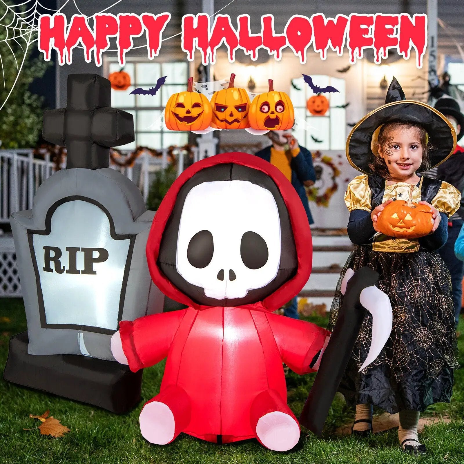 5 Feet Inflatable Halloween Ghost Holding Sickle and Tombstone Yard Decor by DirectDeals