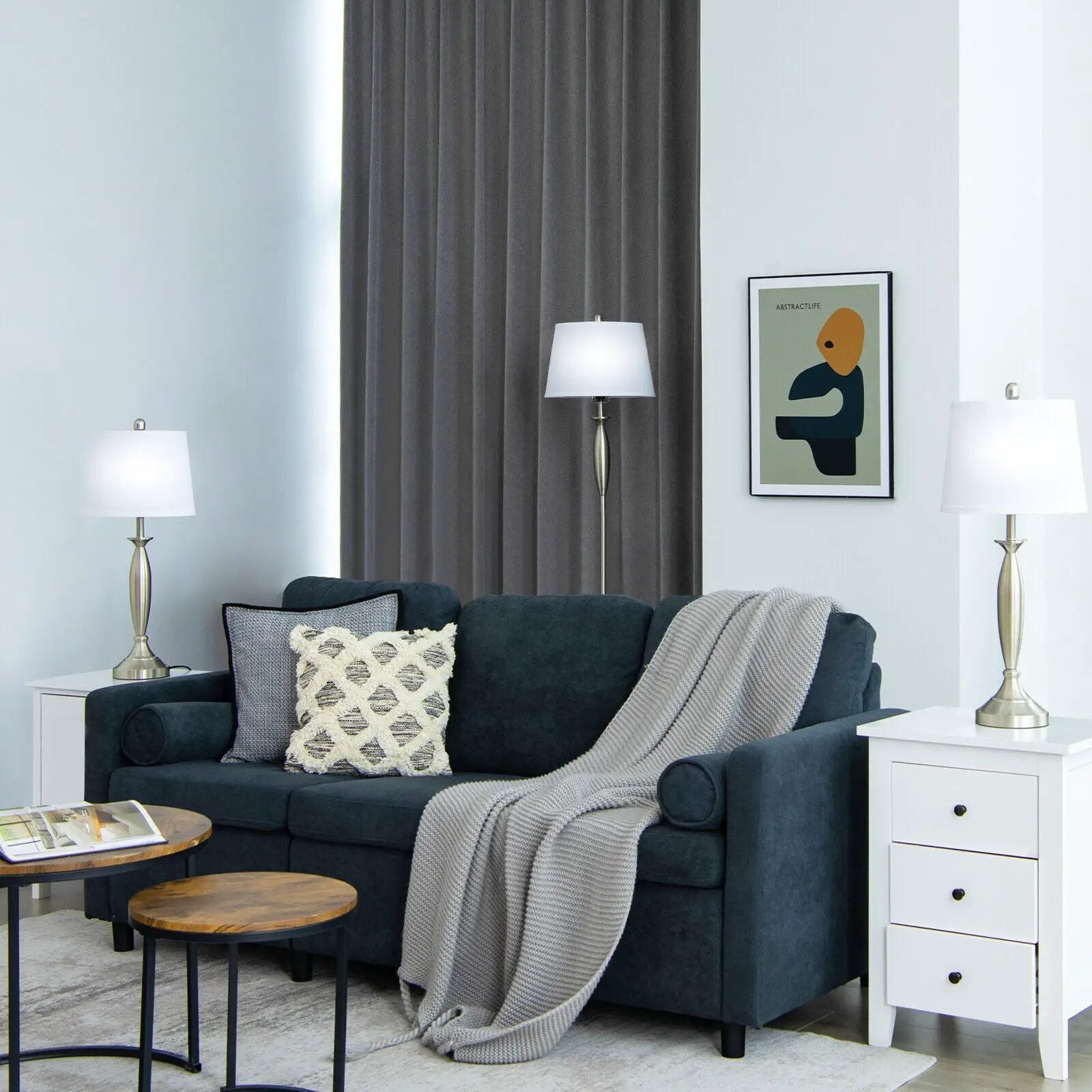 3-Piece Modern Nickel Finish Lamp Set-Silver by DirectDeals