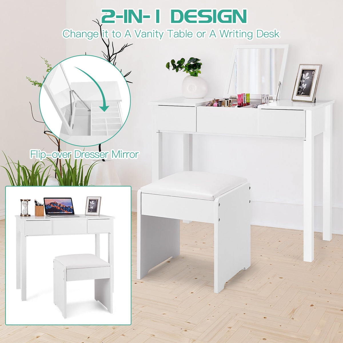 Vanity Makeup Dressing Table Set with Flip Top Mirror and Cushioned Stool, photo 2 of 9