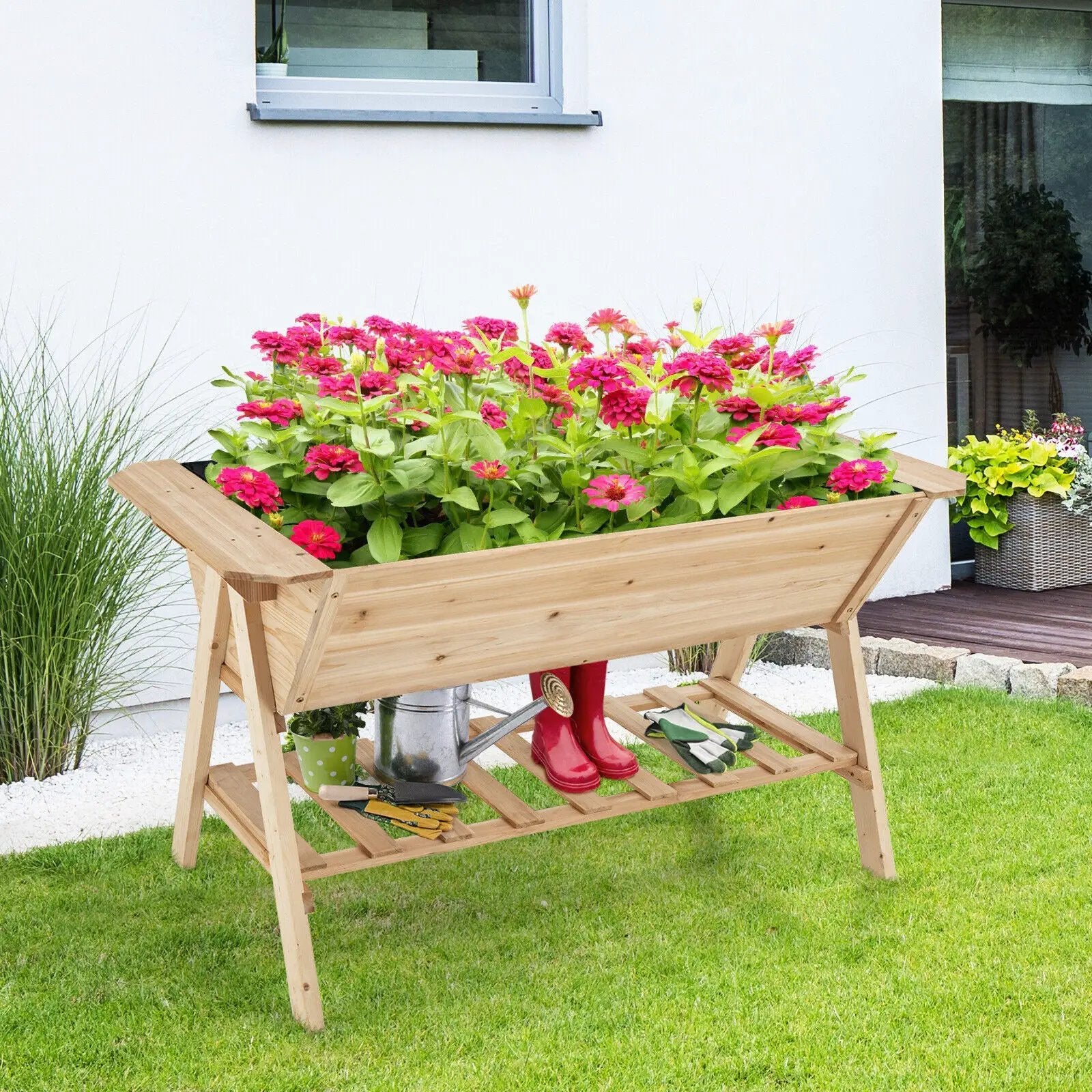 Raised Wood Garden Bed with Shelf and Liner by DirectDeals