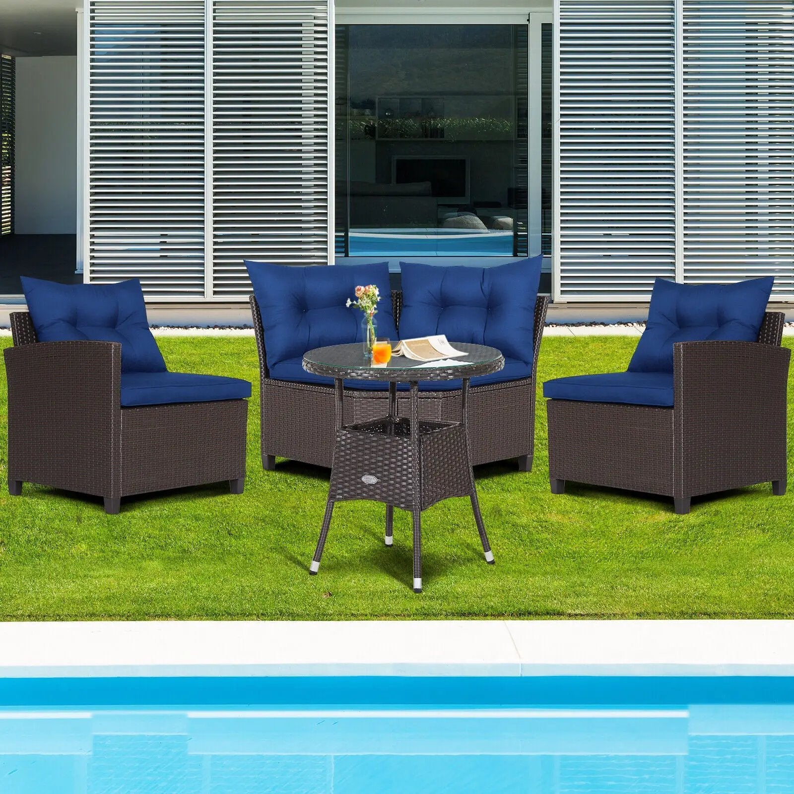 4 Pieces Patio Rattan Furniture Set Cushioned Sofa Glass Table by DirectDeals