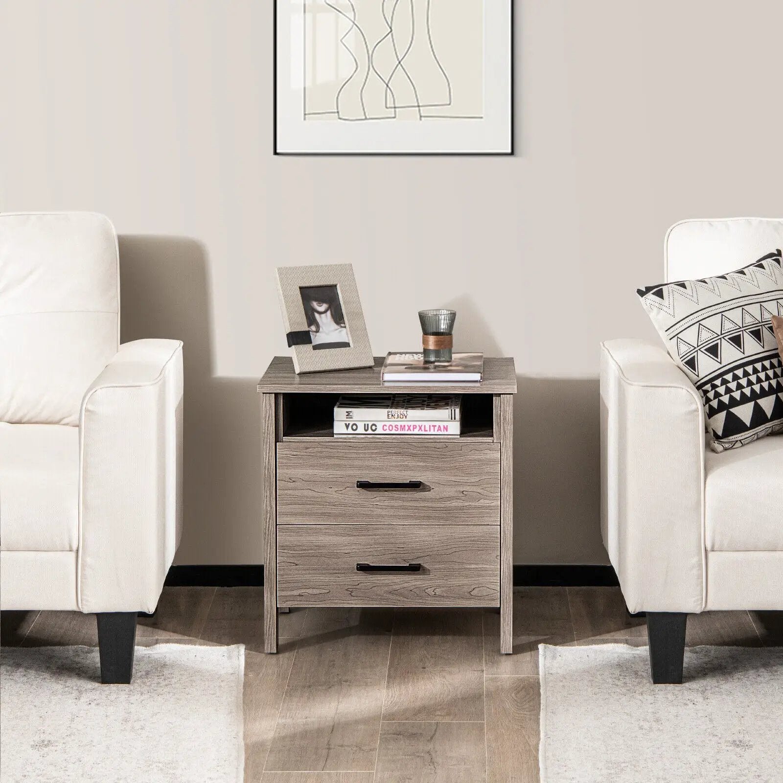 Modern Wood Grain Nightstand with Cable Hole and Open Compartment by DirectDeals