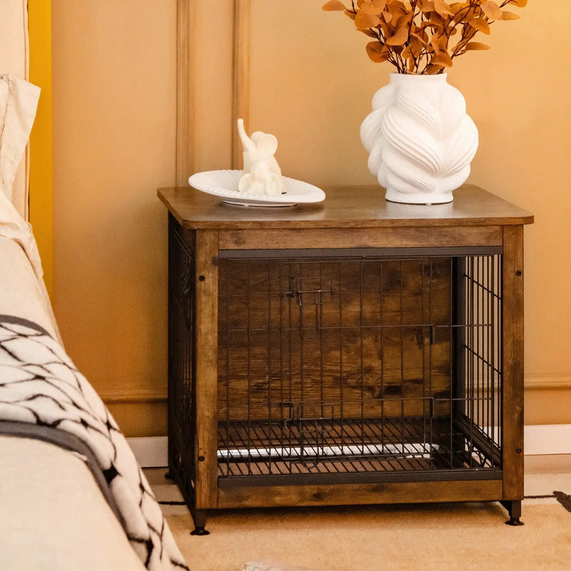 Wooden Dog Crate Furniture with Tray and Double Door-Brown by DirectDeals