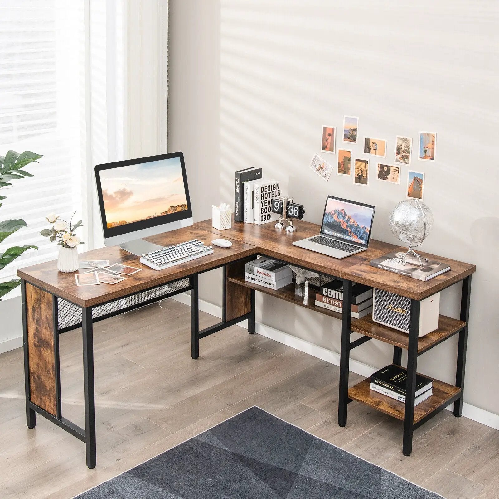 Industrial L-Shaped Corner Computer Desk Office Workstation with Storage Shelves by DirectDeals