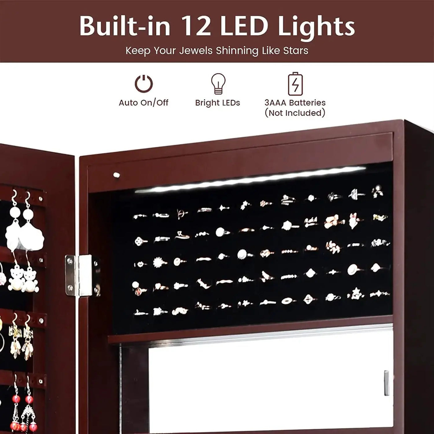 Lockable Wall Door Mounted Mirror Jewelry Cabinet w/LED Lights by DirectDeals