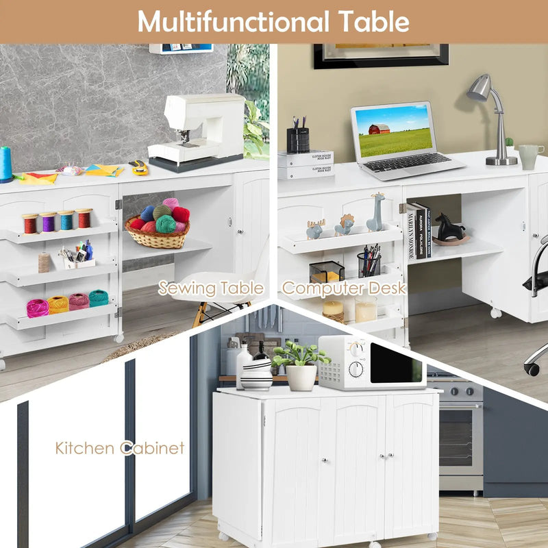 Folding Sewing Table Shelves Storage Cabinet Craft Cart with Wheels by DirectDeals