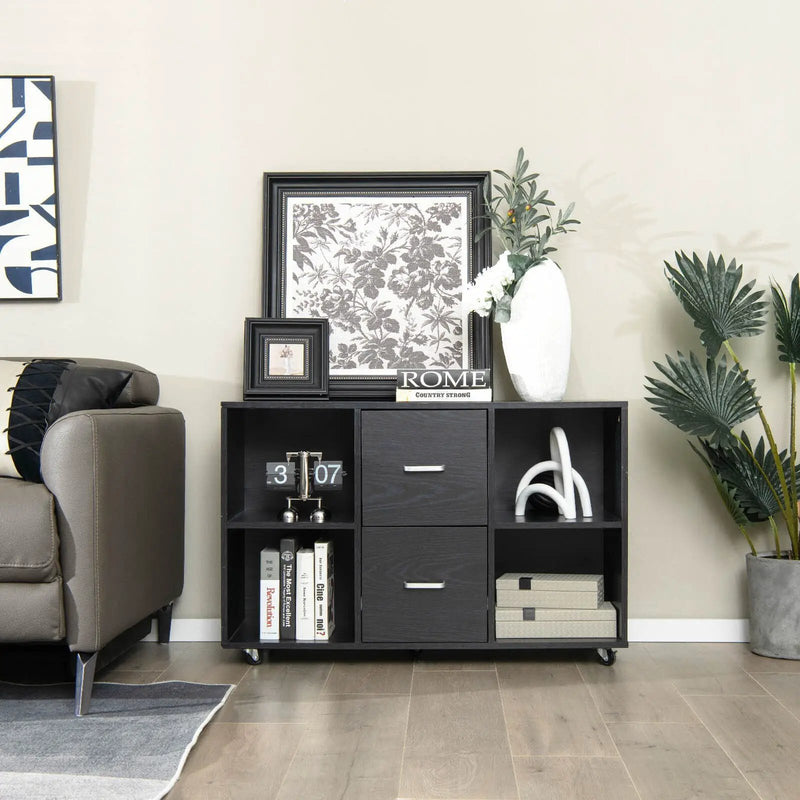 2 Drawer Wood Mobile File Cabinet with 4 Open Compartments-Black by DirectDeals