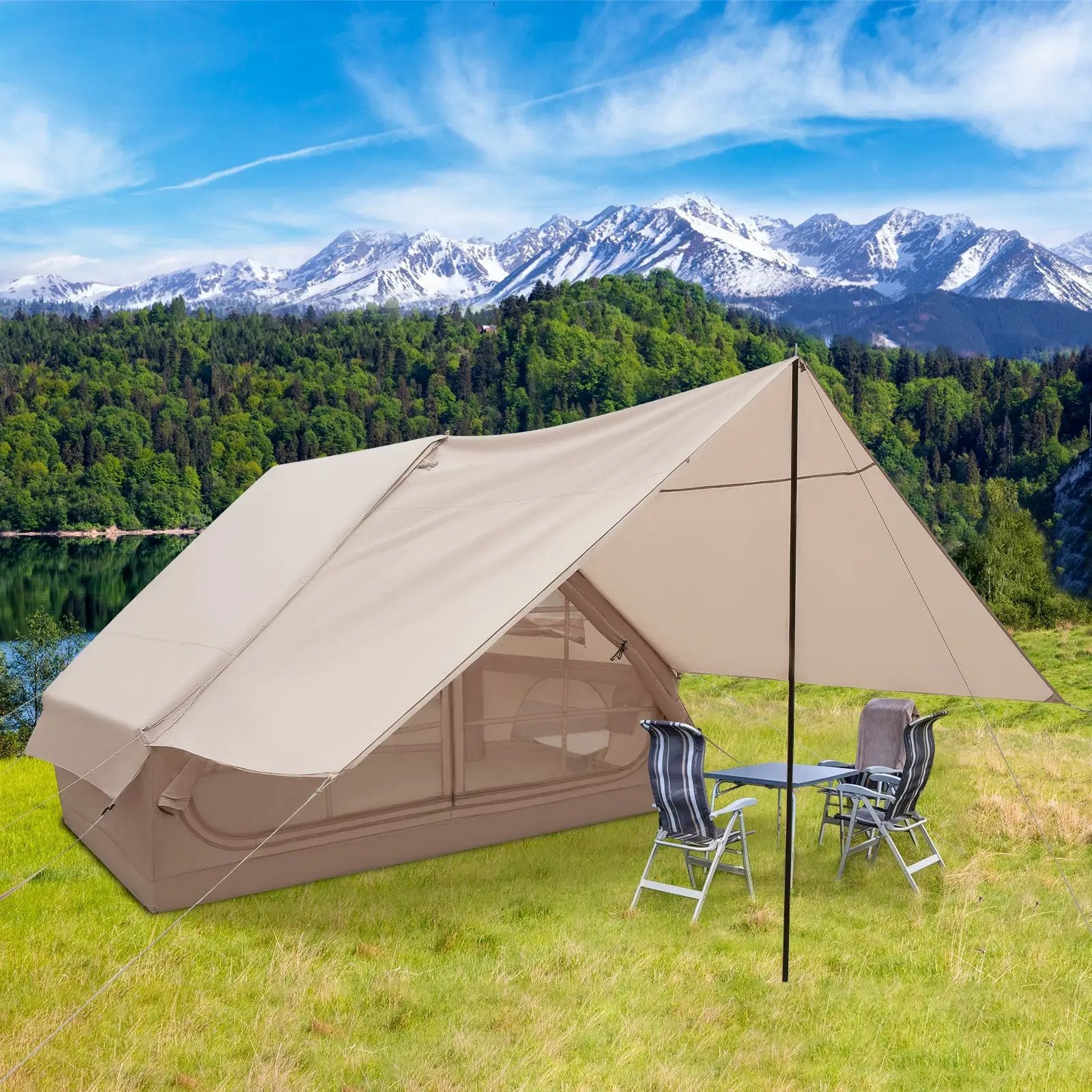 4-6 People Inflatable Camping Tent with Porch and Carrying Bag-Beige by DirectDeals