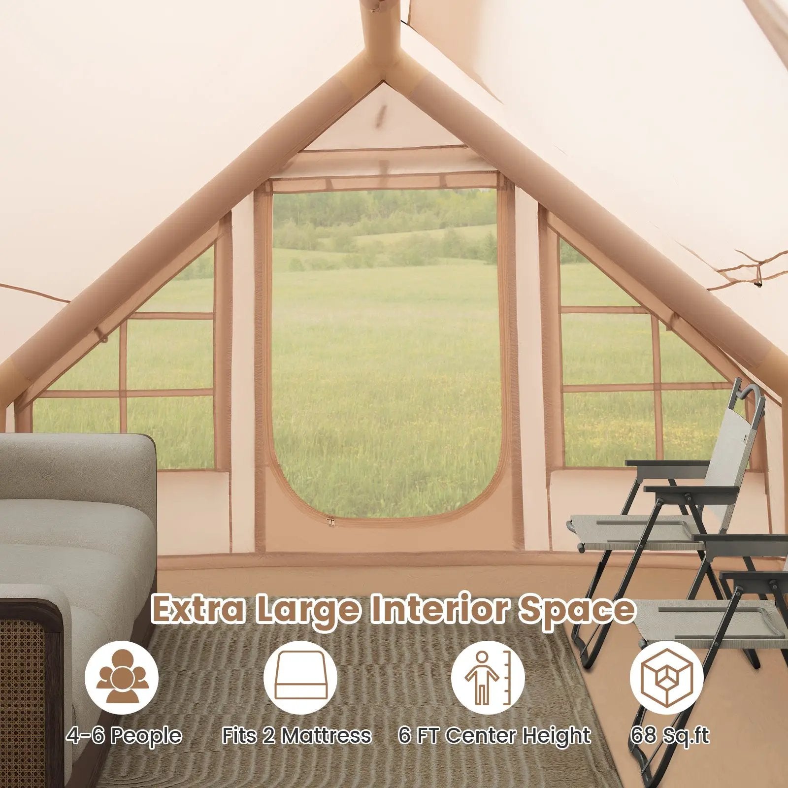 4-6 People Inflatable Camping Tent with Porch and Carrying Bag-Beige by DirectDeals