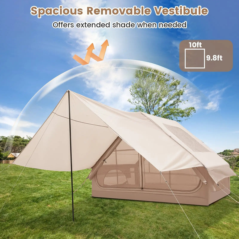 4-6 People Inflatable Camping Tent with Porch and Carrying Bag-Beige by DirectDeals