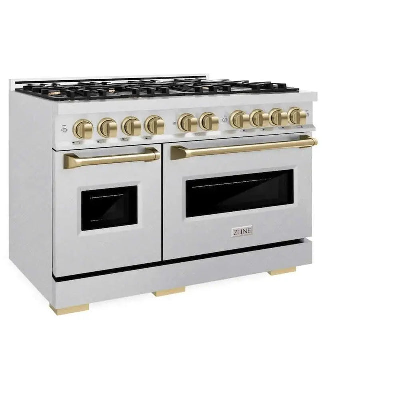 ZLINE 48" Classic Gas Range, Convection Gas Oven DuraSnow® Stainless Steel, Champagne Bronze CGRSZ-48-CB by Farmhouse Kitchen and Bath