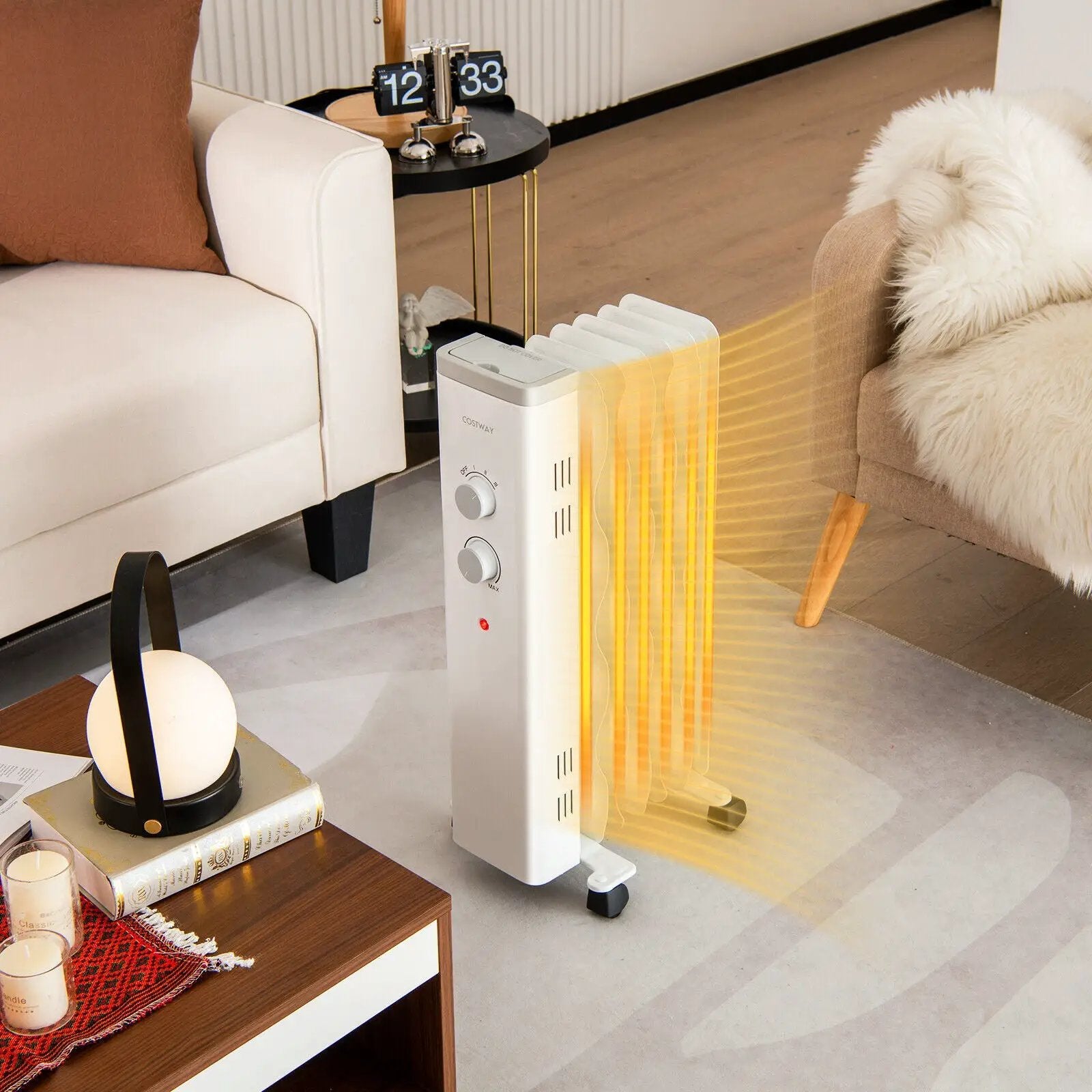 1500W Oil Filled Space Heater with Universal Wheels and 3-Level Heat-White by DirectDeals