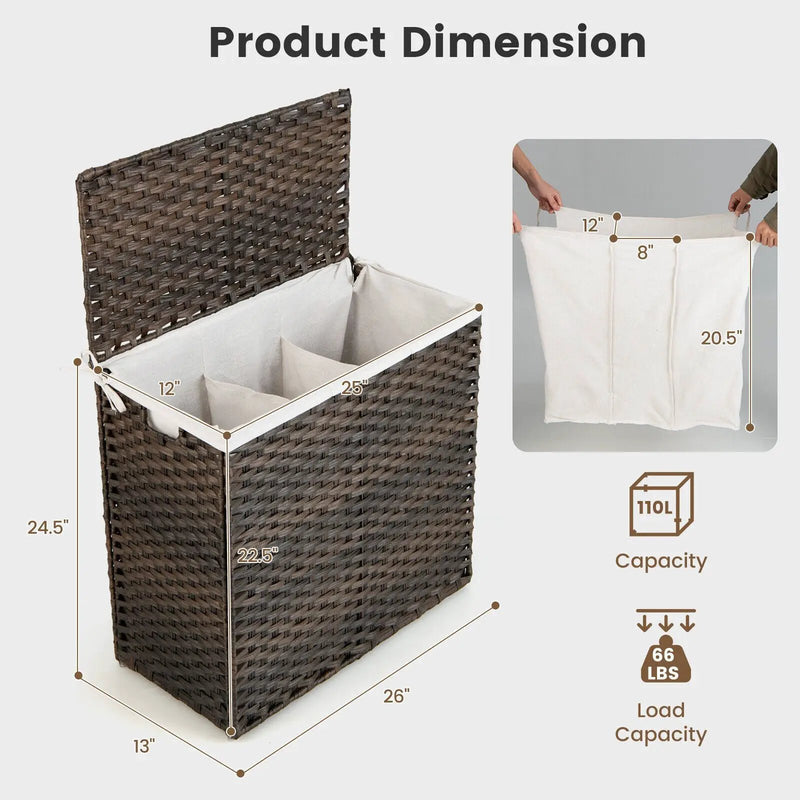 10L 3-Section Laundry Hamper with Liner Bag and Handle-Brown by DirectDeals