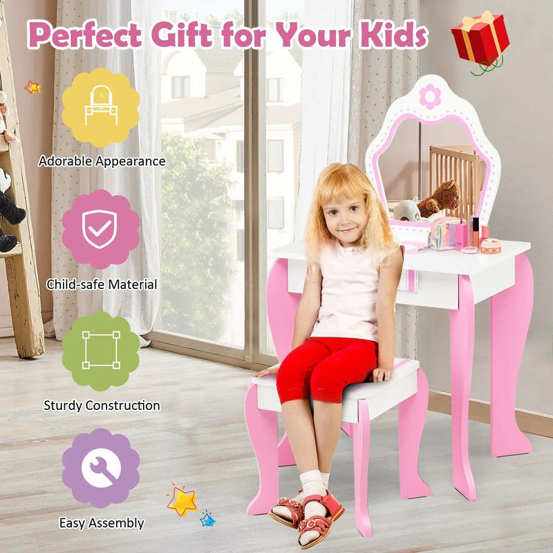 2-in-1 Toddler Vanity Set with Detachable Top & Cute Flower Patterns-White by DirectDeals