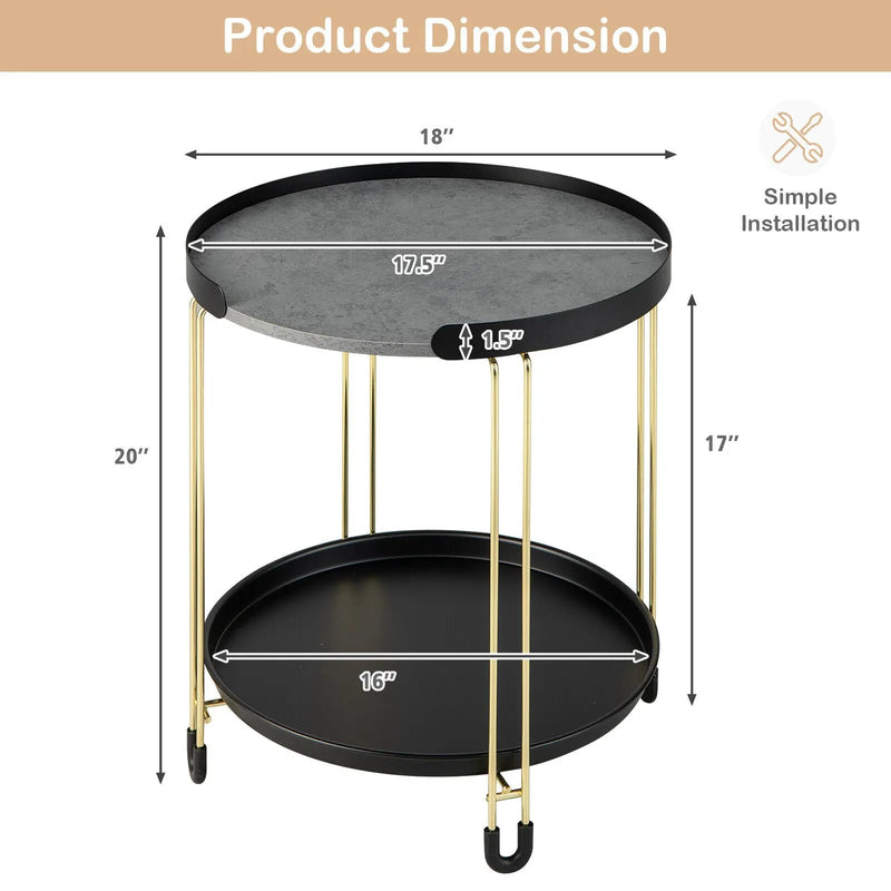 2-Tier Round Side Table with Removable Tray and Metal Frame for Small Space-Golden by DirectDeals