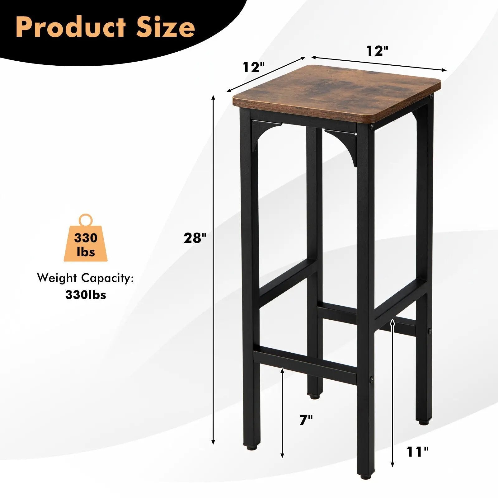 2 Pieces 28 Inch Dining Bar Chair Set with Footrest and Adjustable Pads-Rustic Brown by DirectDeals
