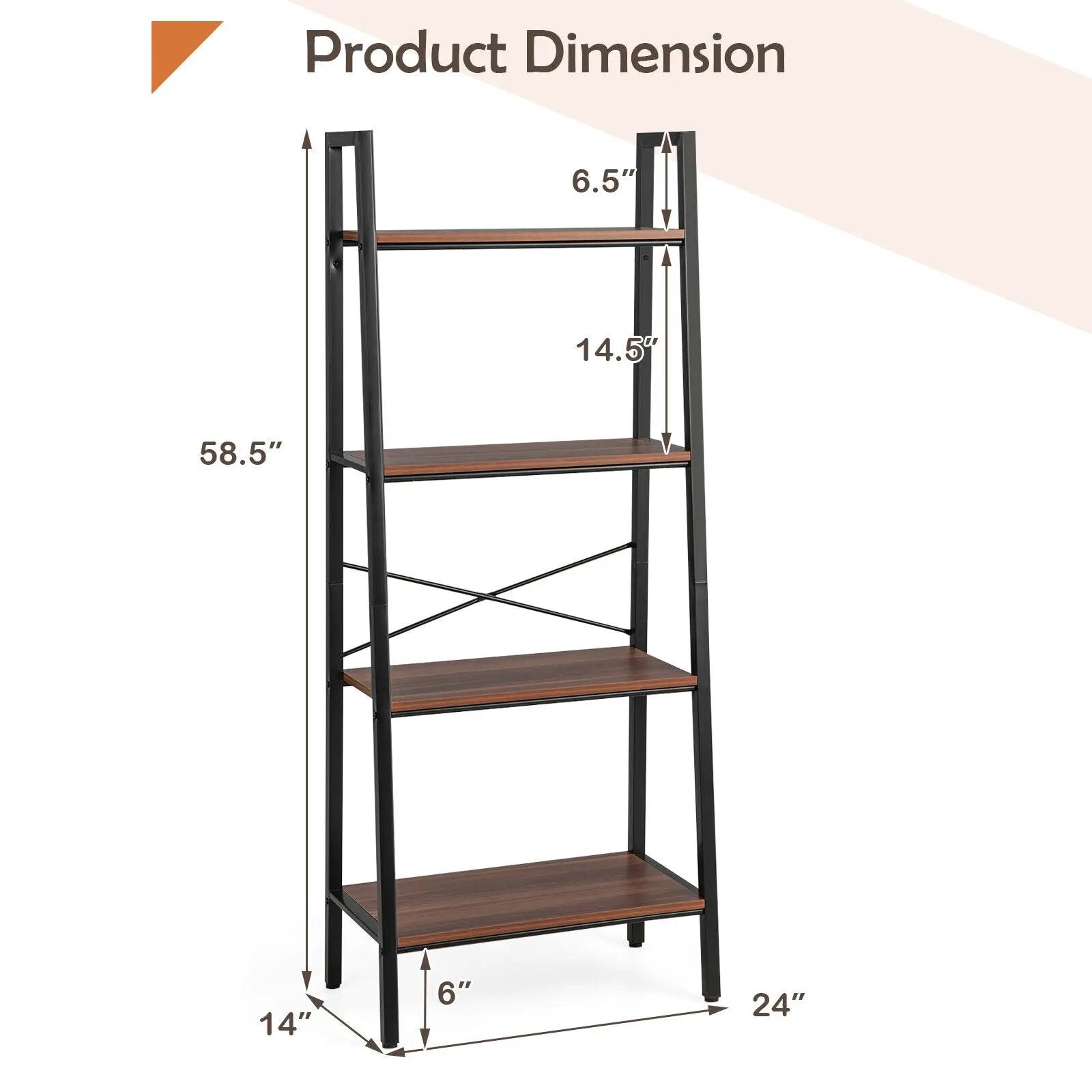 4-Tier Freestanding Open Bookshelf with Metal Frame and Anti-toppling Device-Rustic Brown by DirectDeals