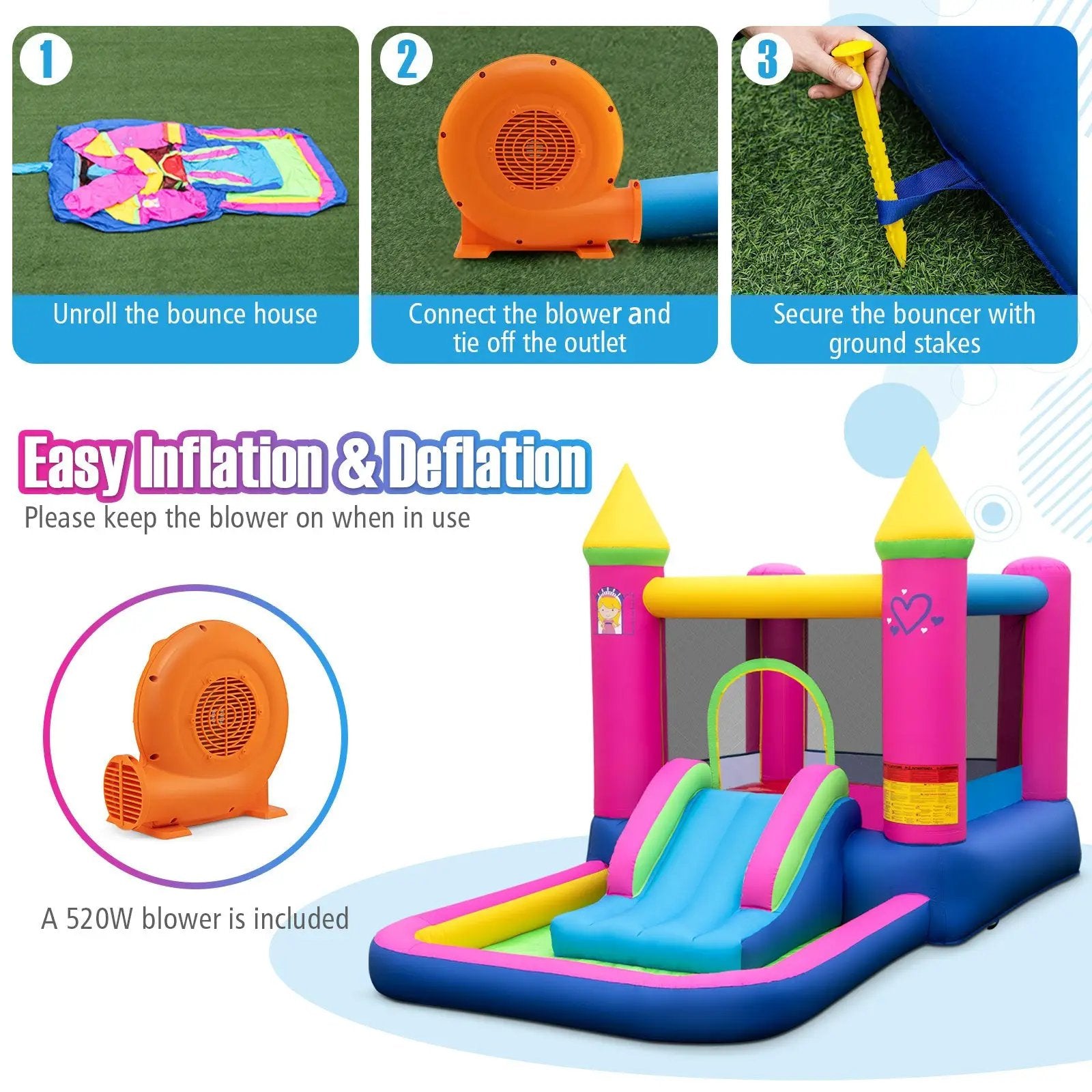 Inflatable Bounce House Cute Princess Bouncy Castle with 520W Blower by DirectDeals